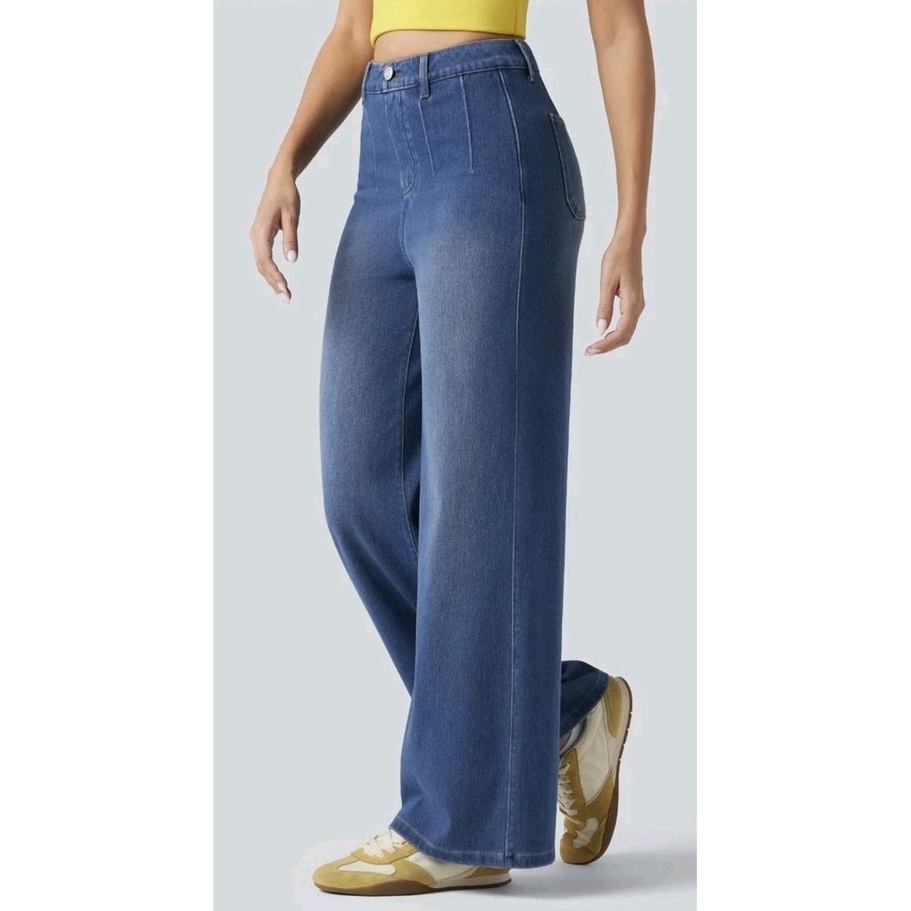 New Halara Flex High Waisted Tummy Control Wide Leg Casual Jeans Tide Blue Lx30